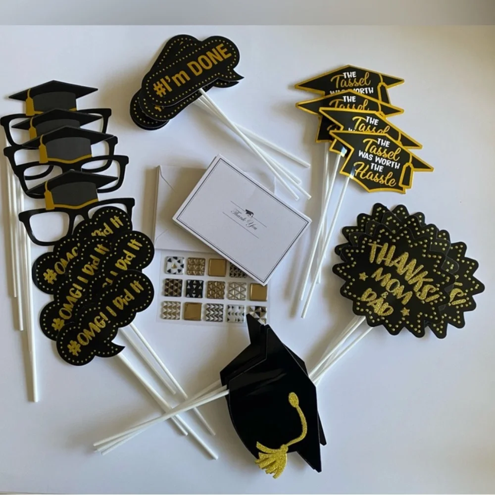 Graduation Cupcake Cake Toppers Decorations Thank You Notes Black Gold NWT OS